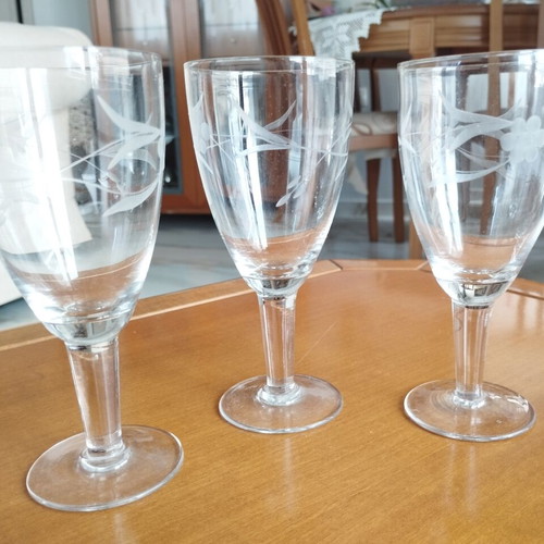 Vintage set of 7 wine and liqueur glasses with floral etching