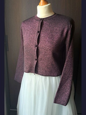 Zara knitted cardigan black with purple eggplant gold thread and velvet buttons new, size Small
