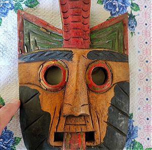African Wood Carved Mask Hand Painted Ceremonial Tribal Tiki Decor Wall Hanging 27cm ύψος 17cm μήκος