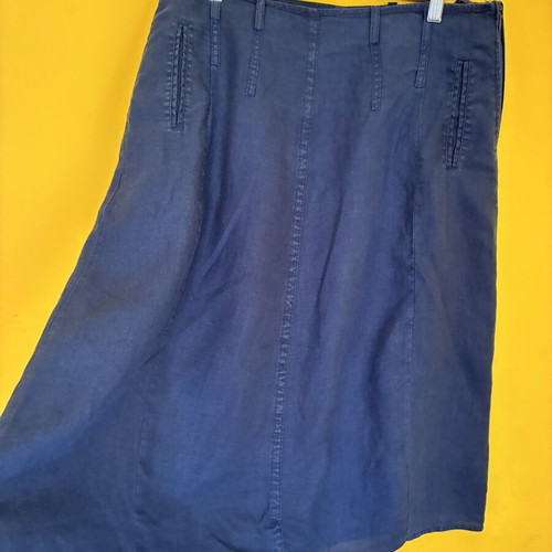 Adagio Vintage Navy Blue Linen A-Line Midi Skirt Lined Pockets L