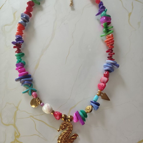Summer necklace with seahorse and multicolored stones