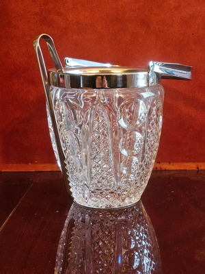 Vintage glass ice bucket with handle and tongs used
