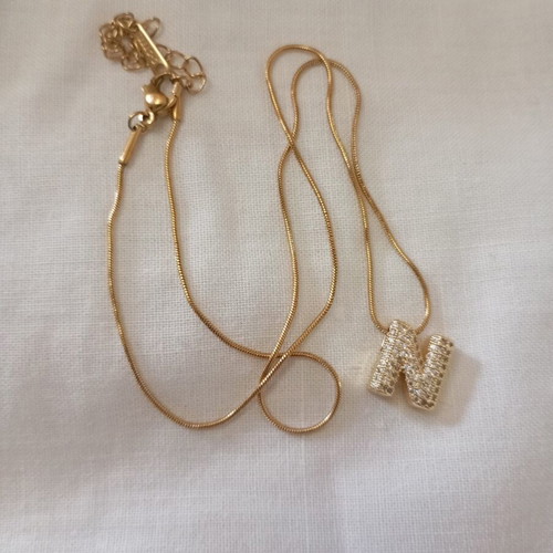 Necklace with letter N pendant, gold tone, decorated with rhinestones