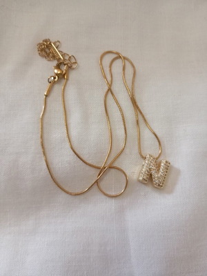Necklace with letter N pendant, gold tone, decorated with rhinestones