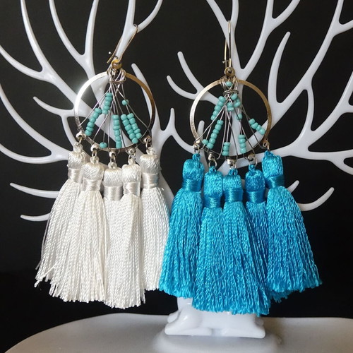 Tassel earrings new, white and turquoise