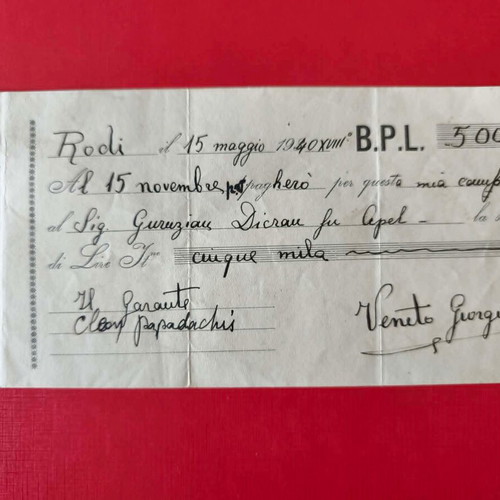 Italian historical bill of exchange used, Rhodes edition May 15 1940 with stamps