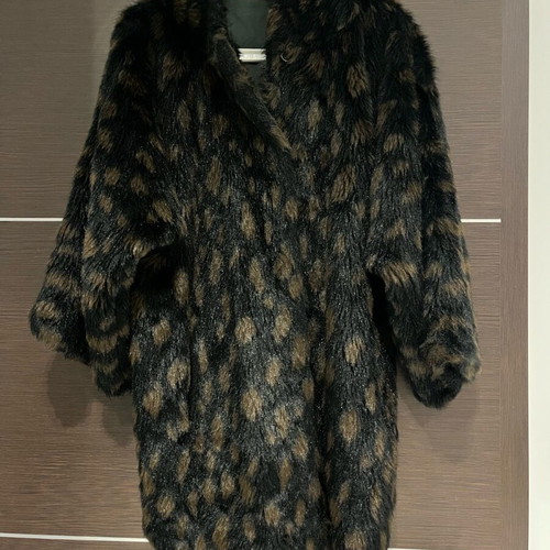 Eco fur coat with hood used, brown, oversized S-M