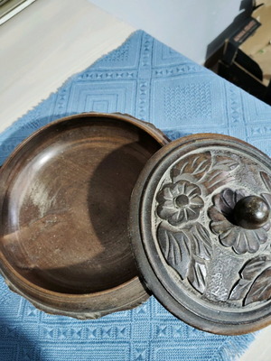 Wooden vessel with carved lid used, vintage