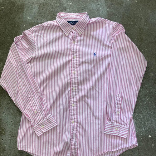 Ralph Lauren Longsleeve Oxford Shirt XL, pink white pinstripe, blue logo