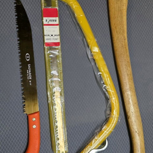 Axe and 2 saws new, 450mm bow saw and 300mm Salvador saw