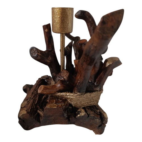 Handcrafted Driftwood Art Candle Holder with Gold Accents