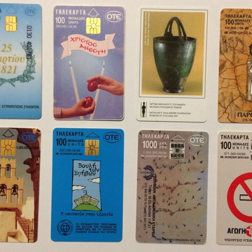 Phone cards used, pack of 8 Greek