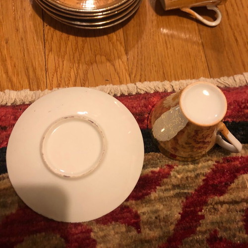 Coffee set used, gold-orange, 5 cups and 6 saucers, antique