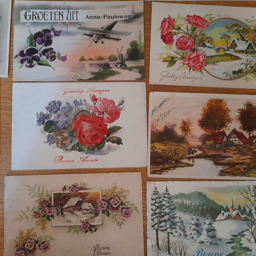Vintage greeting postcards with flowers and landscapes, used, pack of 12