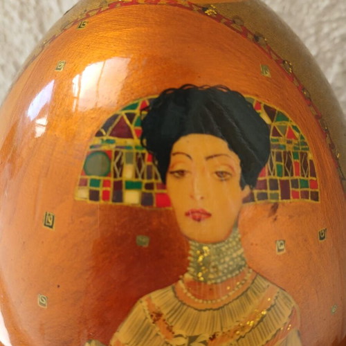 Wooden Egg Hand-Painted with Gustav Klimt Portraits Like New