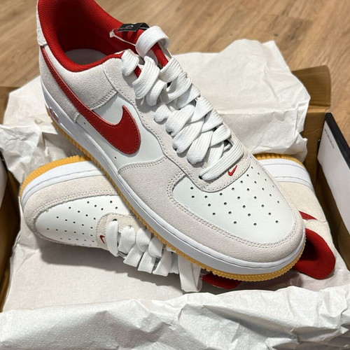 Nike Air Force 1 Low new with white leather, red Swoosh and suede panels