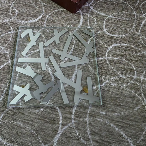 Glass coasters with beautiful designs on wooden base like new