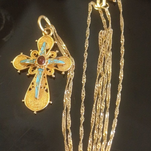 Apefthon 18k gold women's cross with turquoise and chain