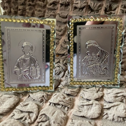 Two Christ and Panagia images on mirror, like new, tabletop
