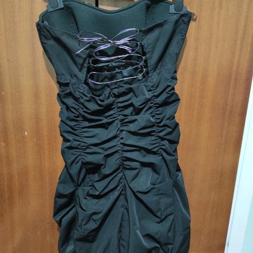 Strapless black dress used, size small with rhinestones and cords
