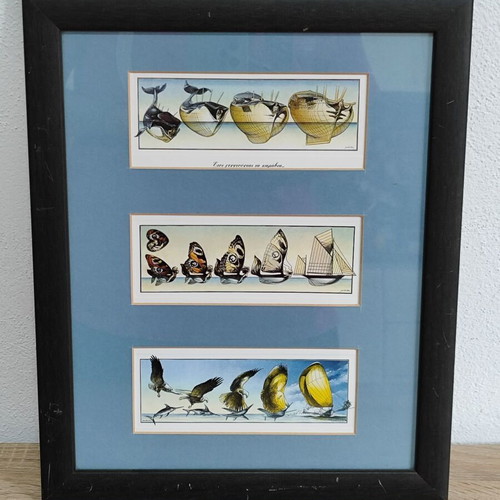 Vintage print in frame Jean Olivier Heron "How Boats Are Born" used