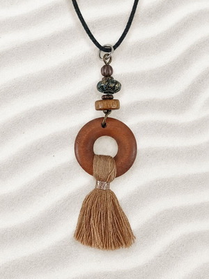 Boho necklace made of zinc, wood and black leather, new