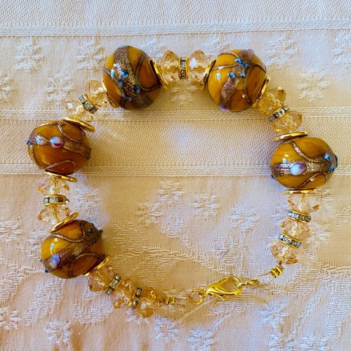 Murano glass beaded bracelet new, amber and gold-colored beads