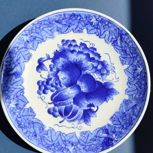 Faience platter used, large 32 cm plate with blue pumpkin design