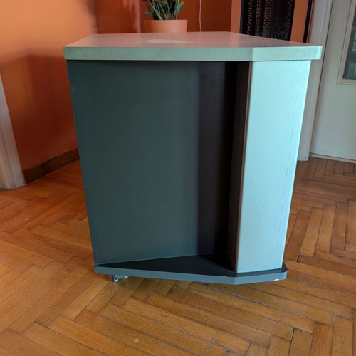 Corner showcase TV stand with wheels used, wood and glass doors