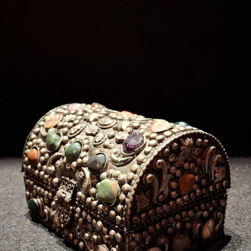 Vintage Moroccan Handmade Jewelry Box with Natural Semi-Precious Stones
