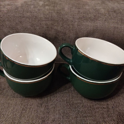 Jacobs breakfast bowls and mugs set of 4 used, green with gold trim