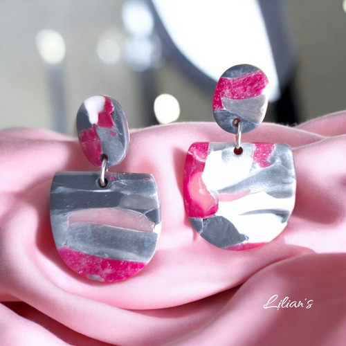 Handmade polymer clay earrings with steel posts, like new, pink and gray