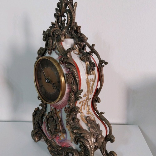 Heavy Bronze Baroque Style Table Clock with Porcelain
