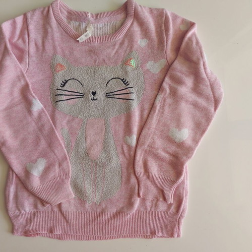 Knitted pink girl’s sweater 4-5 years 110 cm like new with beige cat and hearts