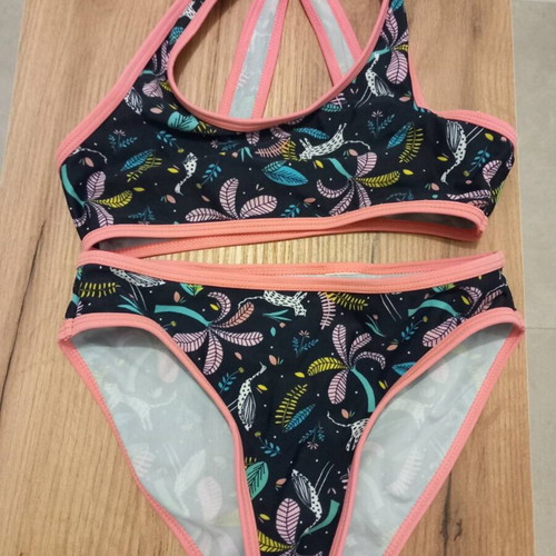 Orchestra girls' bikini swimsuit used, black with floral design, age 10