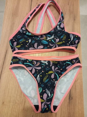 Orchestra girls' bikini swimsuit used, black with floral design, age 10
