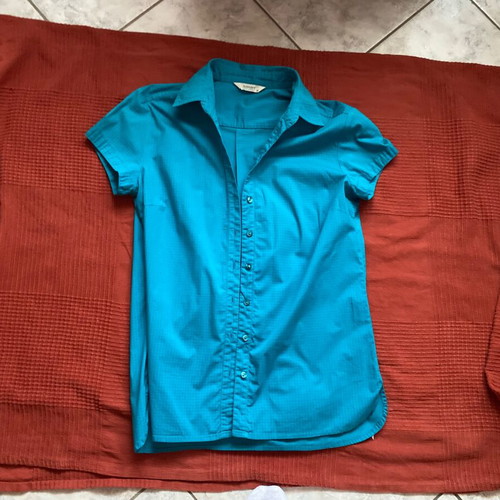 Sarah Lawrence turquoise fitted short-sleeve shirt, women's
