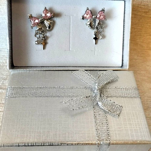 Minimal stud earrings bows with pink crystals and strass new