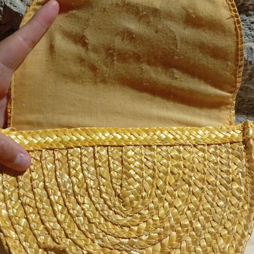 Straw crossbody bag like new, yellow and gold with cord