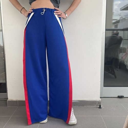 Blue Wide-Leg Pants with Side Slits and Stripes like new