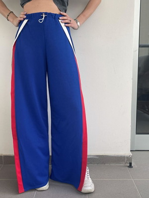Blue Wide-Leg Pants with Side Slits and Stripes like new