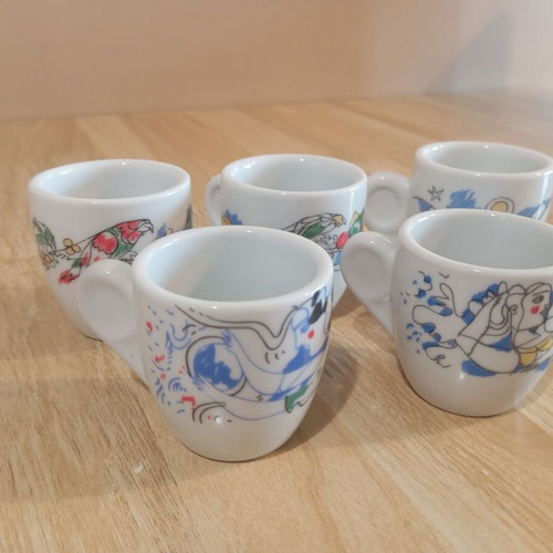 Loumidis Coffee Cups Set of 5 with Saucers, Like New, Signed by Dimitris Mytaras