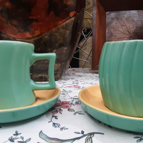 Mint color cups with matching saucers, set of 2
