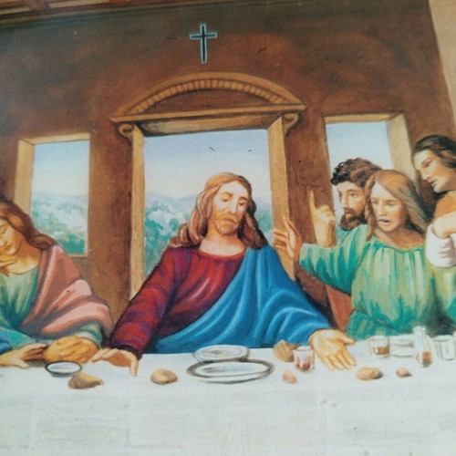 Wooden vintage wall plaque with Last Supper depiction used