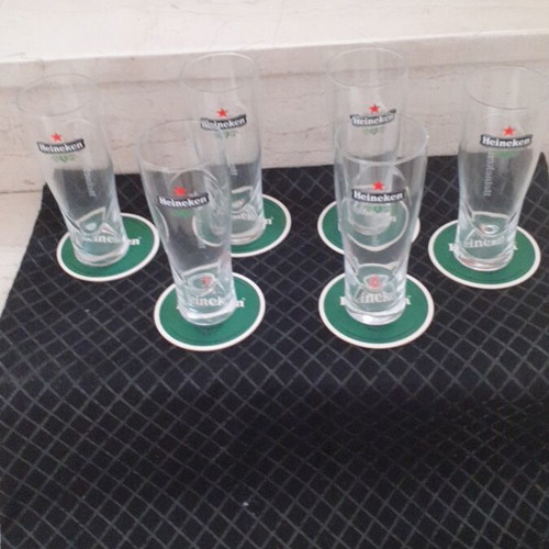 Heineken beer glass set with coasters, new, 6 pieces, 400ml