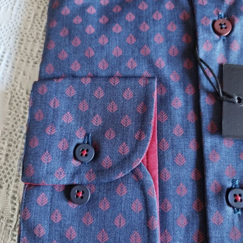 Makis Tselios men's dress shirt, blue with burgundy pattern, long sleeve