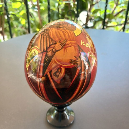 Hand-painted wooden egg with Virgin Mary and Christ, vintage from Russia