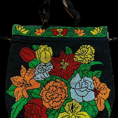 Vintage Τσάντα με Χάντρες 70s Boho Retro Floral Μαύρη