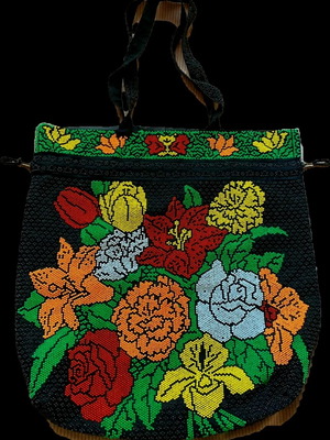 Vintage Τσάντα με Χάντρες 70s Boho Retro Floral Μαύρη