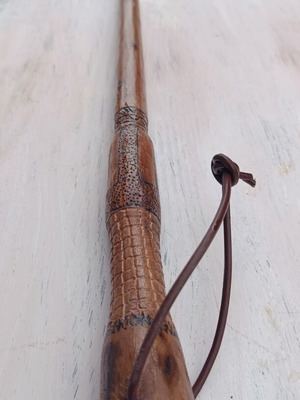 Handmade hiking stick used, almond wood with carving and pyrography